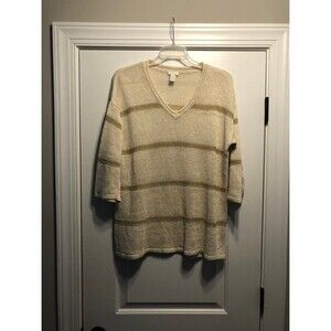 Chico's 3/4 Sleeve Gold Striped Cream Linen Blend Sweater Size 2 Large Luxury
